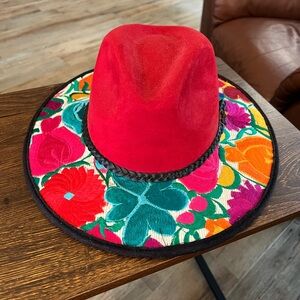 Vibrant Red Floral Embroidered Hat